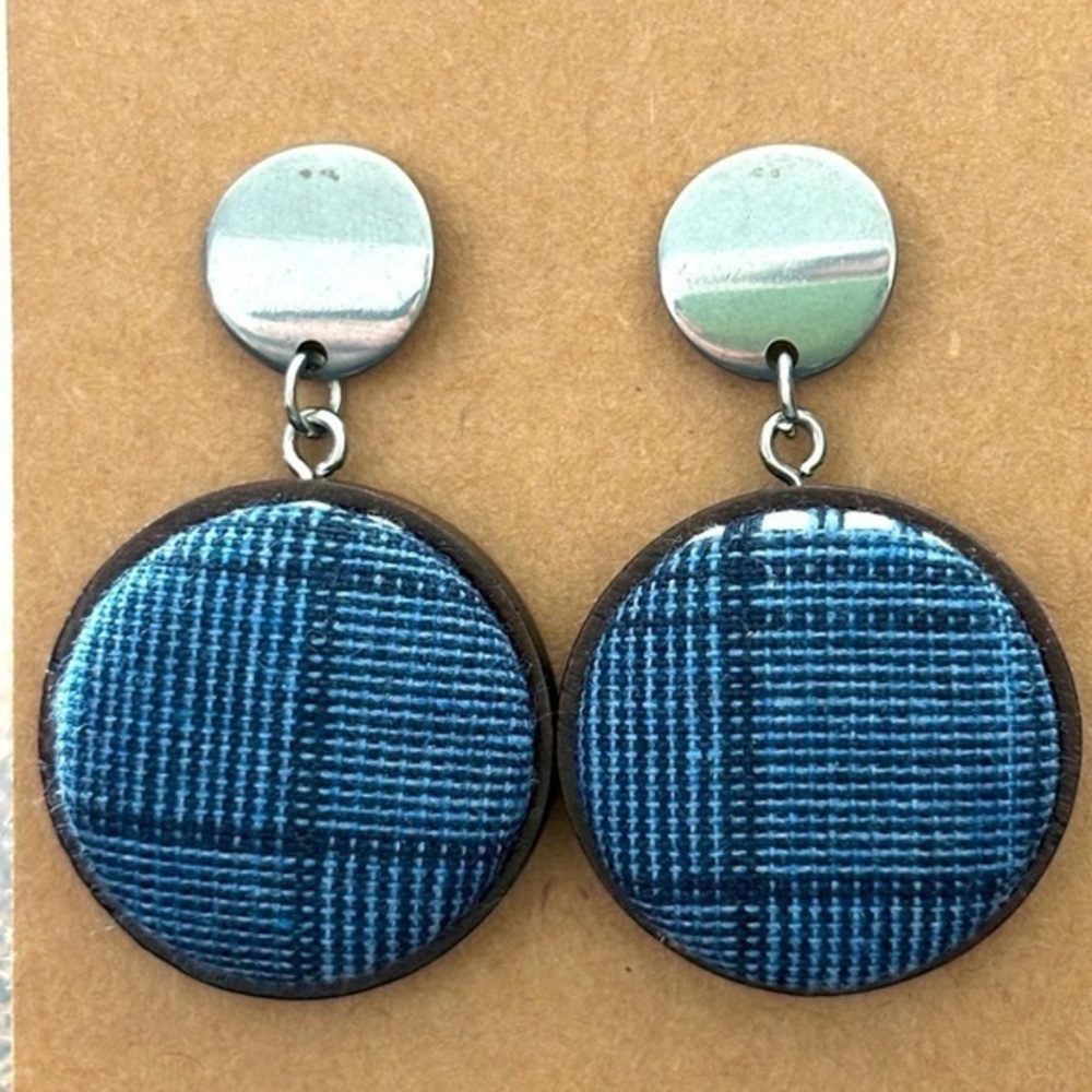 Handmade Chunky Retro Fabric Button Wood Earrings, 25mm, NWT